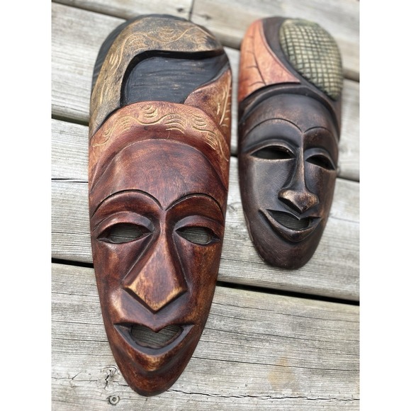 African Style Set Of Wood Face Mask Hand Carved Tribal Rustic - Picture 2 of 16